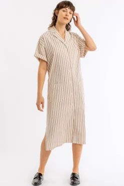 Bowling Kleid Gestreift Aus Bio-Baumwolle Beige/Weis
