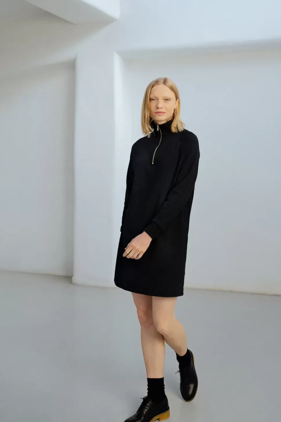Half Zip Sweat Kleid Bio Baumwolle - Schwarz