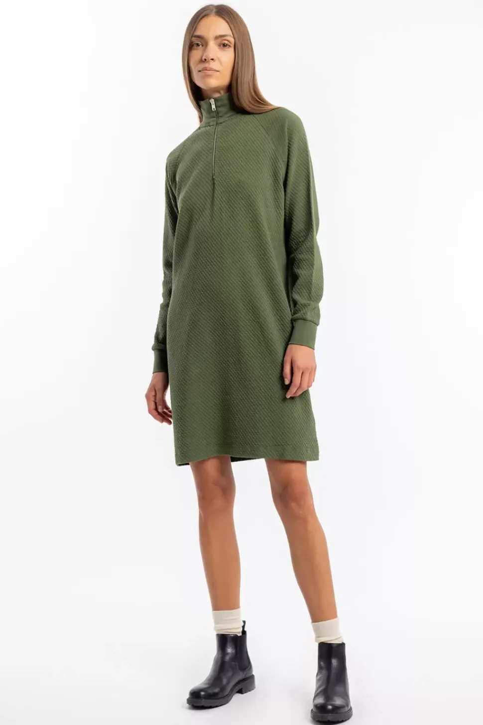 Half Zip Sweat Kleid Bio Baumwolle - Grun