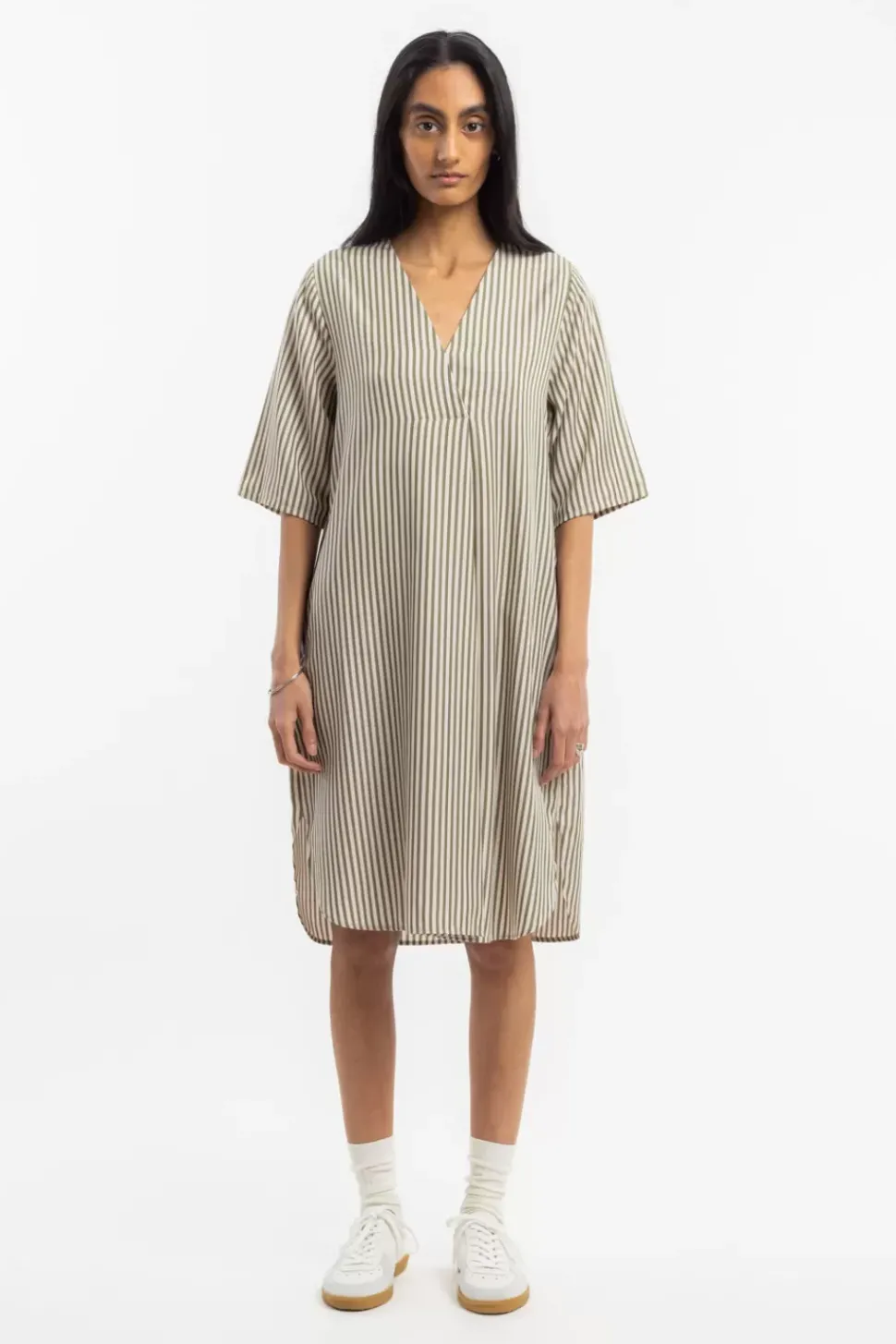 Kaftan Kleid Aus Lyocell - Oliv Gestreift