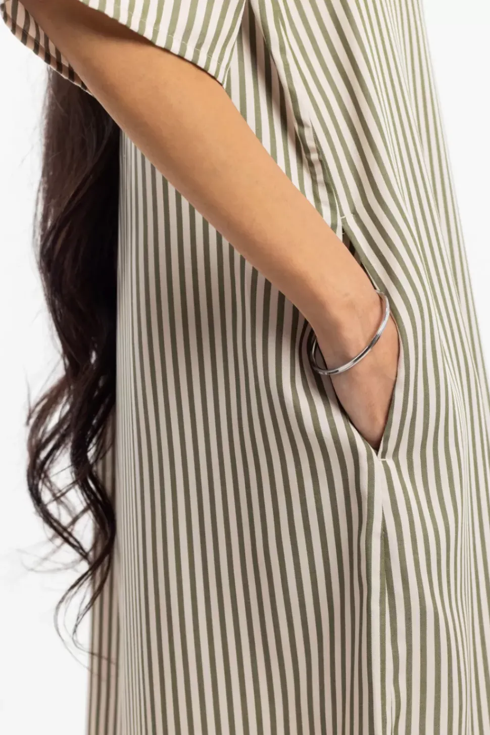 Kaftan Kleid Aus Lyocell - Oliv Gestreift