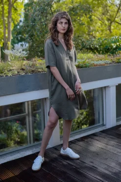 Kaftan Kleid Leinen Mix - Oliv