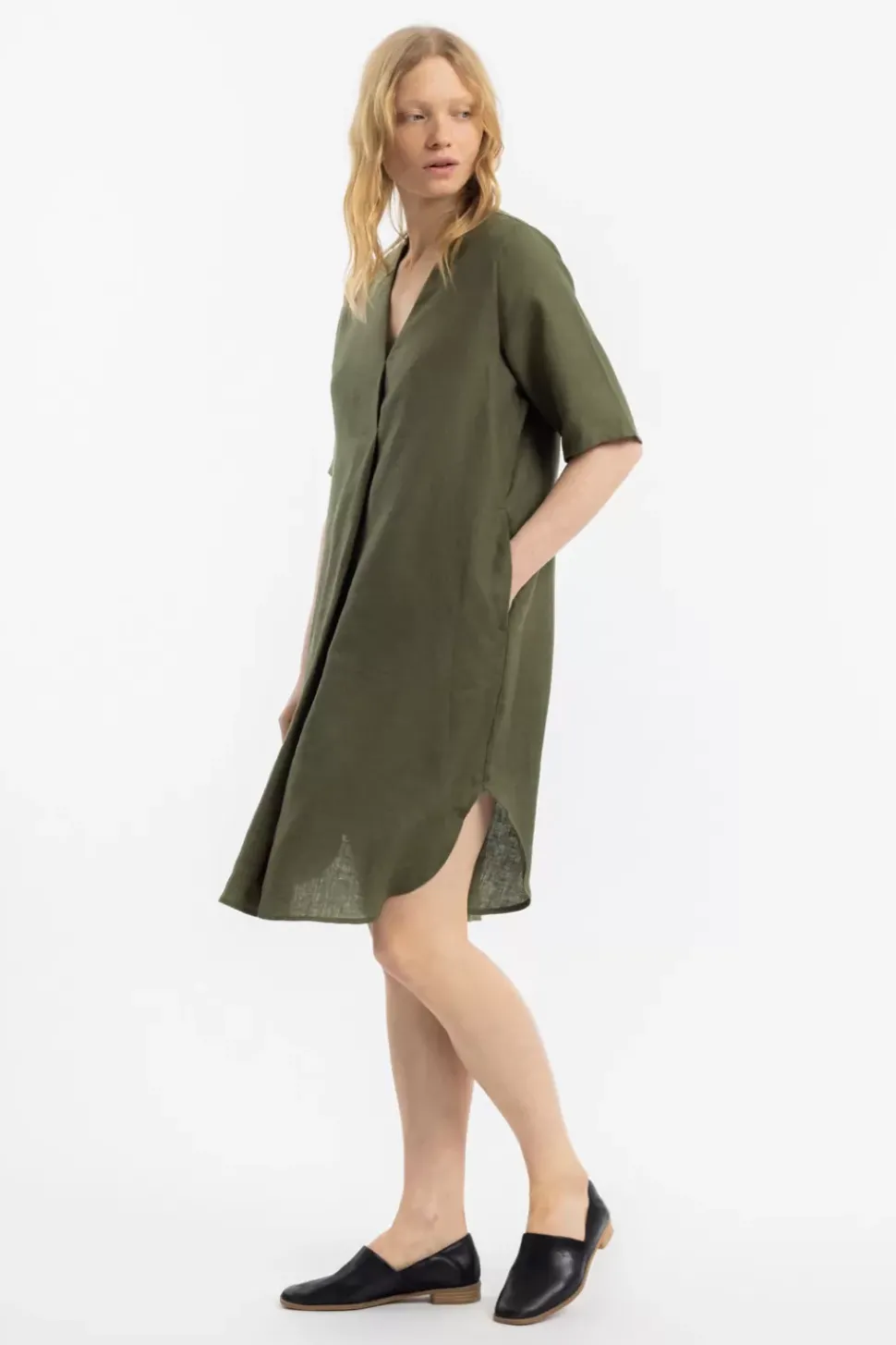 Kaftan Kleid Leinen Mix - Oliv