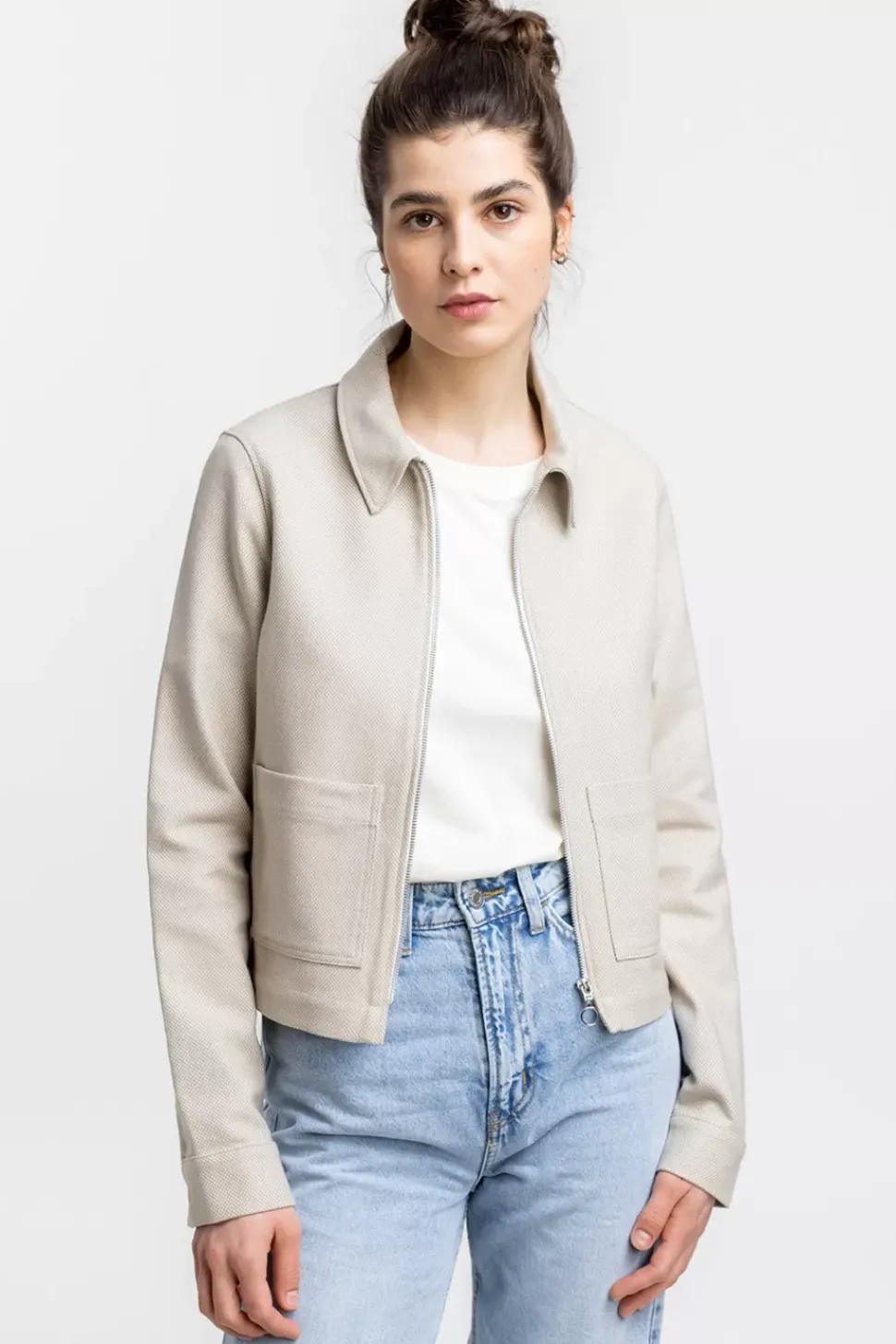 Kurze Jacke Aus Bio Canvas Beige Kariert