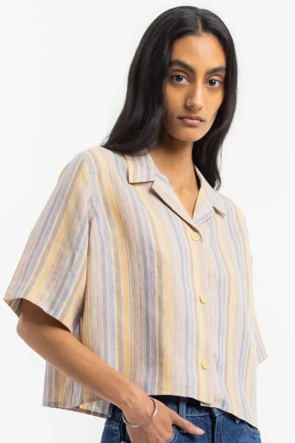Kurzes Bowling Shirt Leinen Mix - Gestreift