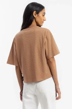 Kurzes Strukturiertes T-Shirt Bio Baumwolle - Karamell
