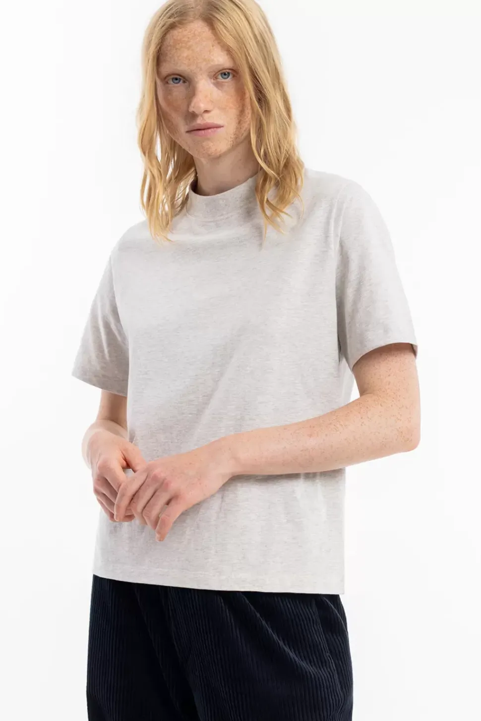 T-Shirt Mit Breitem Kragen Bio Baumwolle - Grau